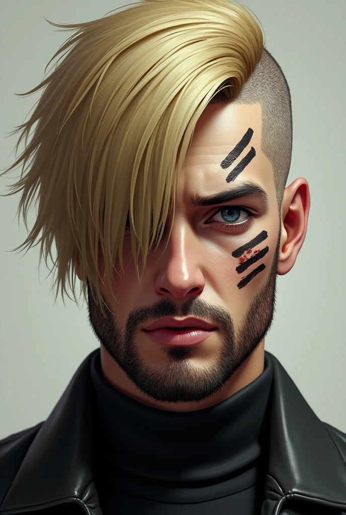 A male character with blond hair covering only his left eye and shaved on the sides with 3 lines on the right side, having a scar on his right eye and blue eyes, has a thin beard 