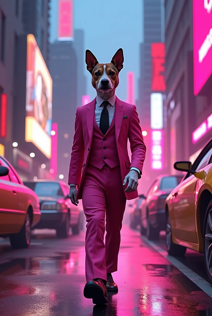 A dog in a suit a city rad and pink colour