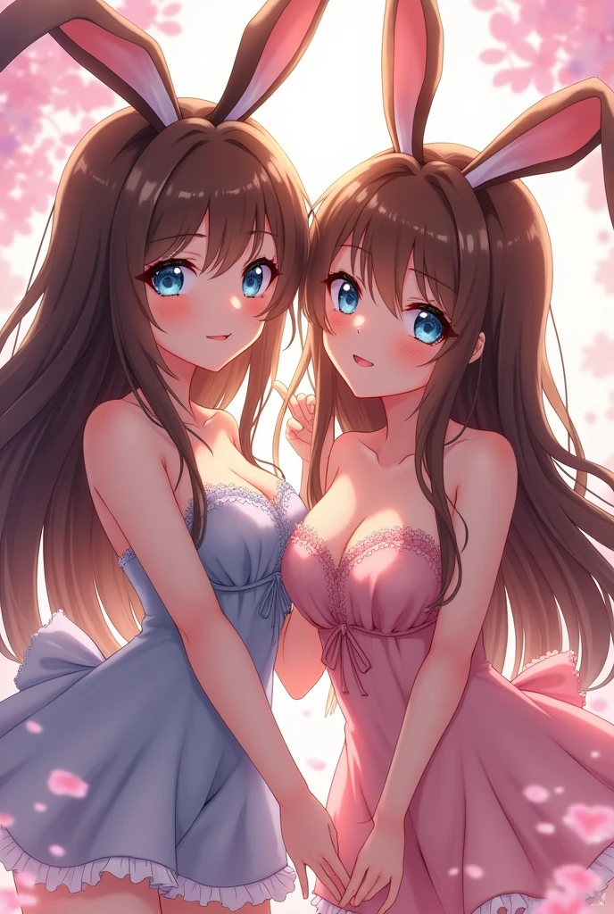 A 2 anime girl with long brown hair and blue eyes wearing a bunny girl outfit