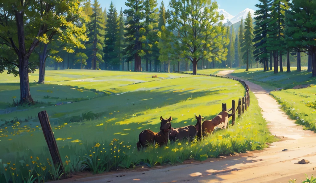 Dirt road , meadow , On both sides are wooden fences. , There are many big and small trees along the roadside. , Far away, there are not many houses, and there are only a few cows eating grass.