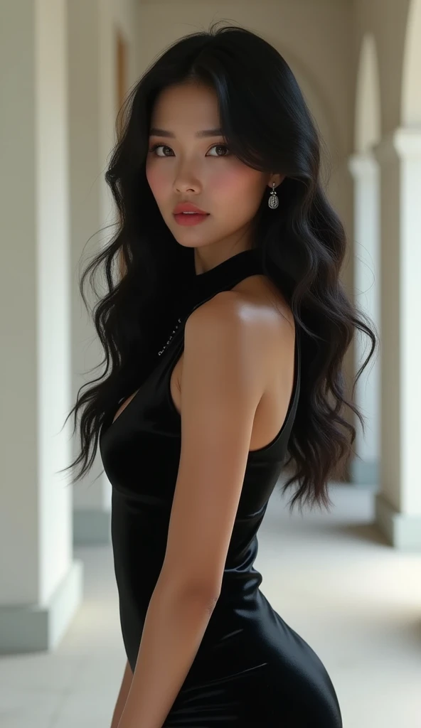 1 woman, full body shot (1.3),close up face shot (1.3), face shot, corridor,Soft Light, Korean Beauty,Tight Fit,dress,Light-haired,long hair,
 white background, gorgeous Korean-American woman, with thick and long wavy black hair, big dark brown bright eyes, long and thick curly black eyelashes, upturned nose, high nose bridge, fullest and plumpest rosy red luscious lips, heart face shape, high cheekbones, pointy chin, whitening skin, hourglass shaped body, tiny and narrow waist, rounded hips, long and slender beautiful legs, big perfect brests (1.4), large breasts, bust size 84 cm, waist 57 cm, hips 86 cm, bra size 34 D, tall at 5’8, ((perfect body proportions)), full body image, realistic, photorealistic, ultradetailed, skin texture, hyperealismHigh Resolution, Closed Mouth, highly detailed, high resolution 8K, wearing a tight fit black dress highliting her horglass body, detailed jewlry, 23-years-old