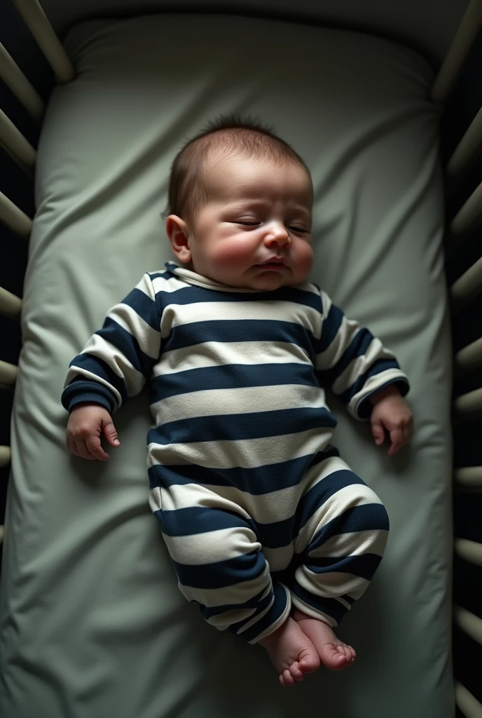 A baby lying down in a prisoner's outfit