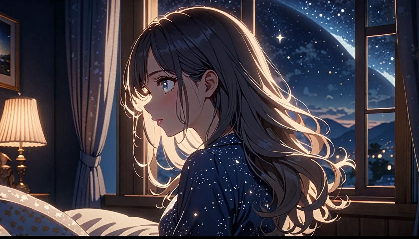 a girl in a bedroom, looking out the window at the night sky, back shot, elegant detailed face, detailed eyes, detailed lips, long eyelashes, beautiful detailed skin, flowing hair, delicate facial features, wearing pajamas, serene expression, moonlit night, glowing stars, soft lighting, cinematic, highly detailed, 8k, animetic, masterpiece