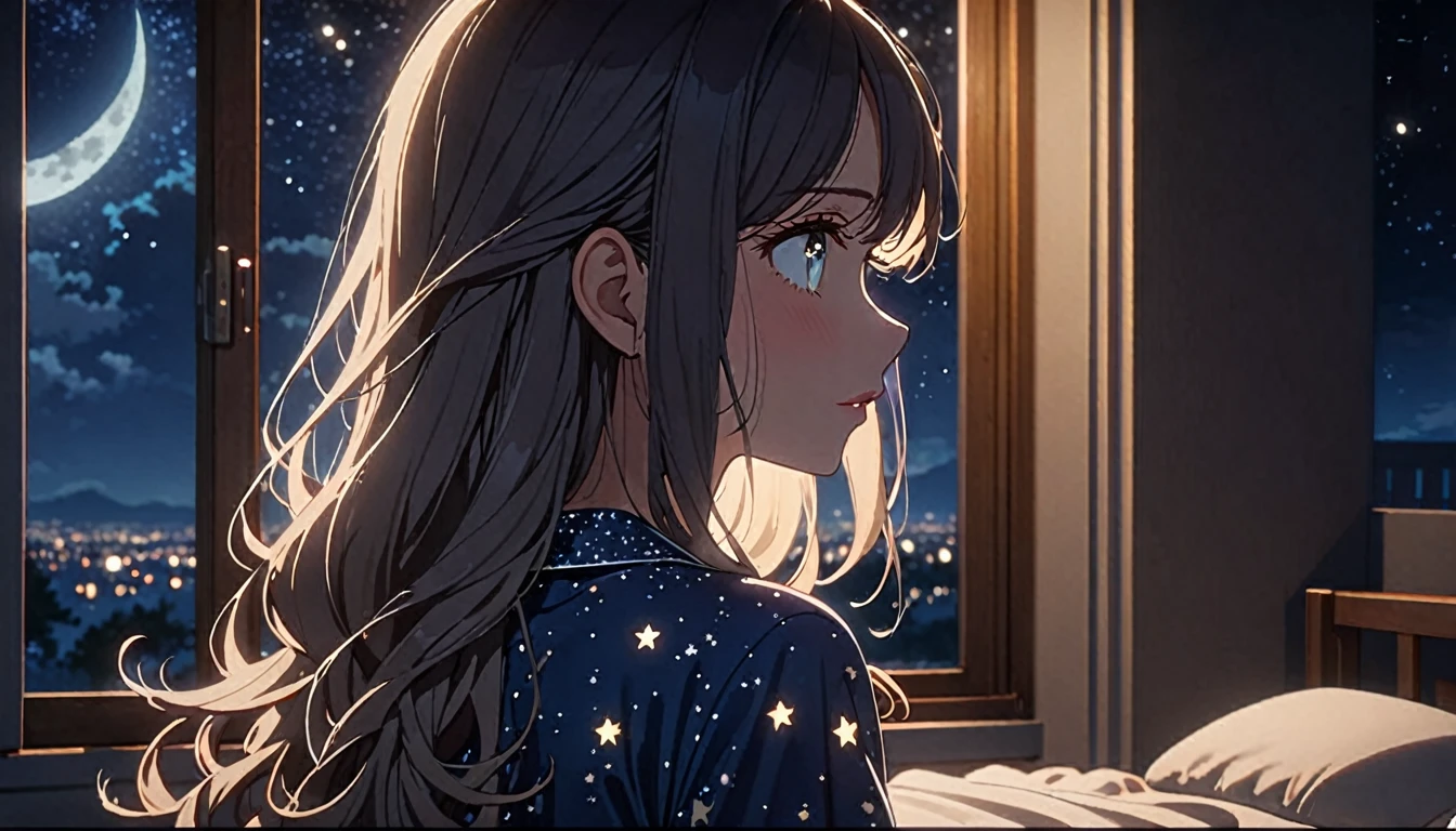 a girl in a bedroom, looking out the window at the night sky, back shot, elegant detailed face, detailed eyes, detailed lips, long eyelashes, beautiful detailed skin, flowing hair, delicate facial features, wearing pajamas, serene expression, moonlit night, glowing stars, soft lighting, cinematic, highly detailed, 8k, animetic, masterpiece