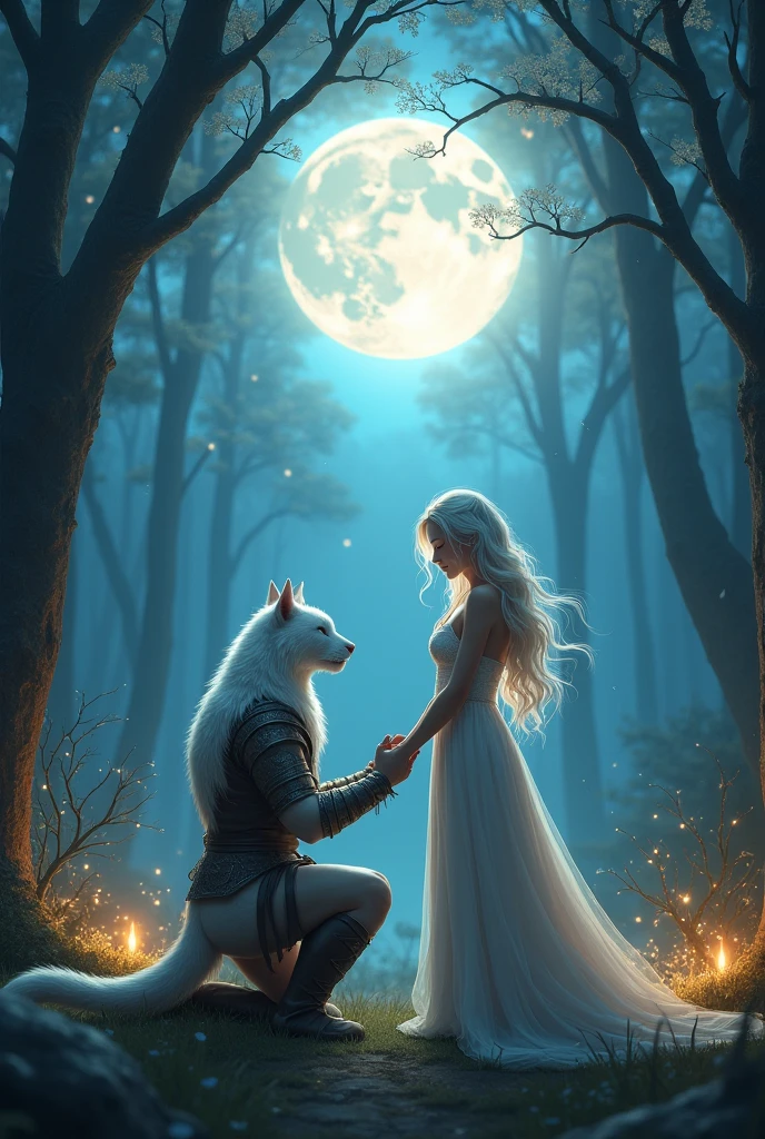 Orion the white human body cat warrior Proposes to Elara:**
   - "Under a glowing full moon, the white-haired warrior human body cat kneels before the beautiful woman in a forest clearing. The scene is filled with emotion as he holds her hand, his face full of hope. The woman has tears of joy in her eyes as she smiles down at him. The background is a magical forest with twinkling lights in the trees, and the moonlight casts a gentle glow over them."