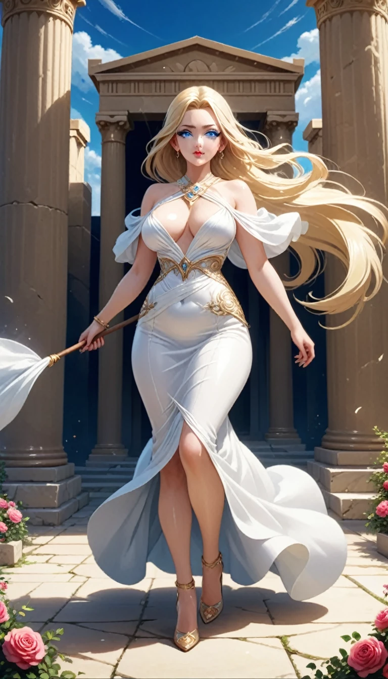 (Highest quality,Very detailed,High resolution,masterpiece,8k),Bright and vibrant colors,Official artwork,Greek white dress,Stylish makeup,Mid length, Shiny blonde hair blowing in the wind,Beautiful long, narrow eyes,Beautiful Blue Eyes,Glossy Lips,Beautiful woman with plump breasts,Beautiful neckline, Beautiful full body style,Holding,A beautiful and elegant smile,Old Greek temple,Rose flower,Detailed CG,