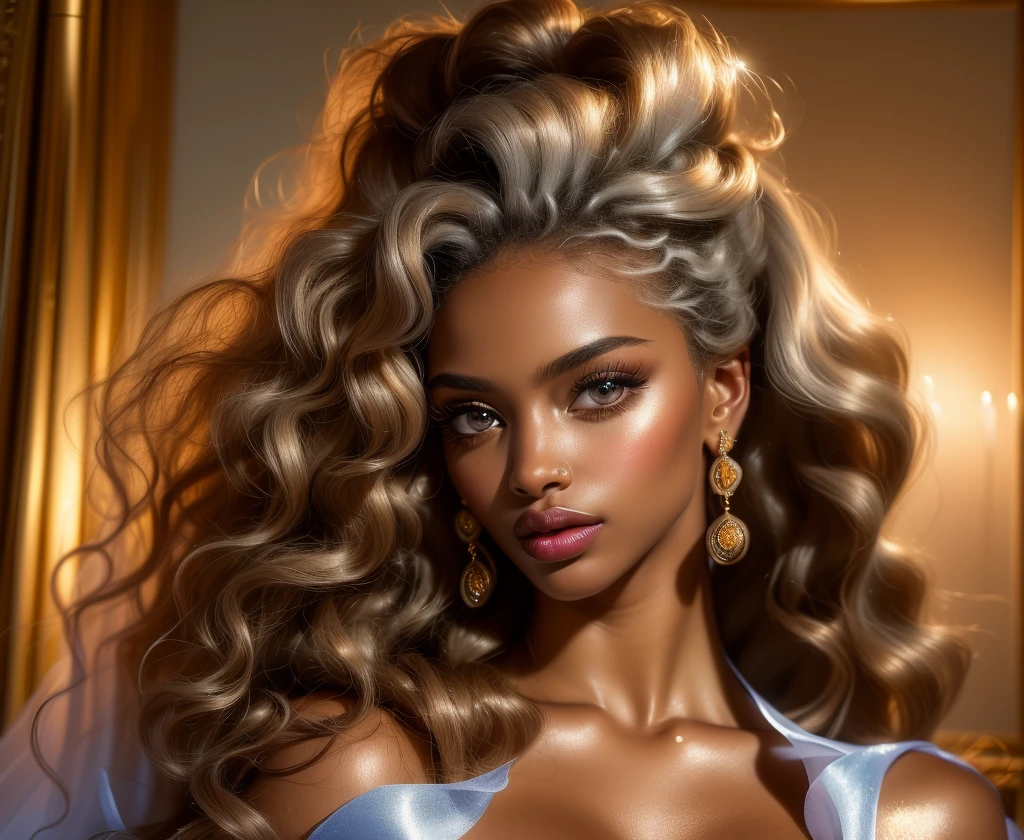 ((hyperrealism)), ((masterpiece)), ((breathtaking)) photo portrait of a gorgeous greek-african goddess with voluminous curly blonde hair, huge light grey sparkling eyes, very full luscious lips, ((dark silky skin with ethereal shimmer)), long eyelashes, very long neck, beautiful straight eyebrows, ((angelic beauty))