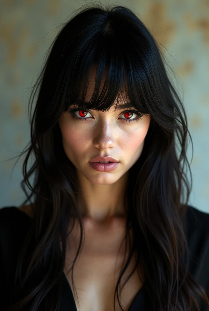 Ultra realistic photography showing full body : americana:realperson: woman with long black hair with full bangs on her forehead, Eyes red