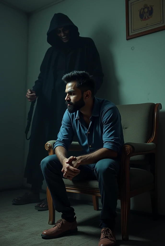  Can you make a image of a cricket player virat kohli sitting in the room and a devil stand in beside of them