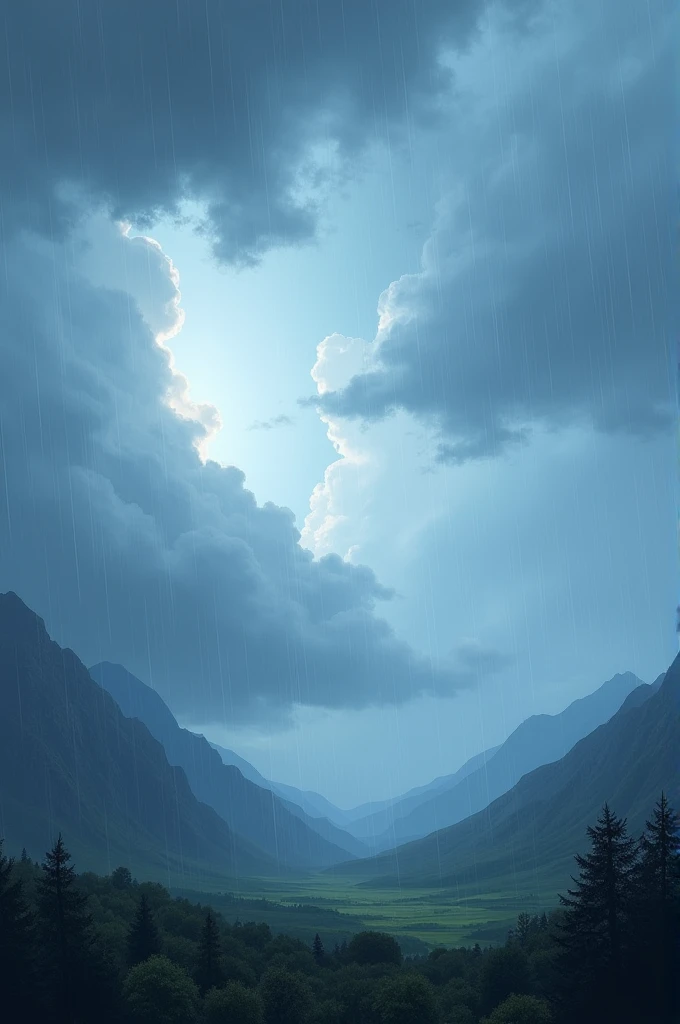 Blue sky with gray clouds, rain coming, dark mountains, relaxing atmosphere