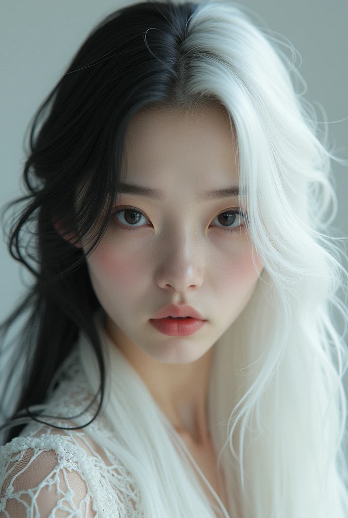 Young woman with white hair and a single lock of black hair in her bangs