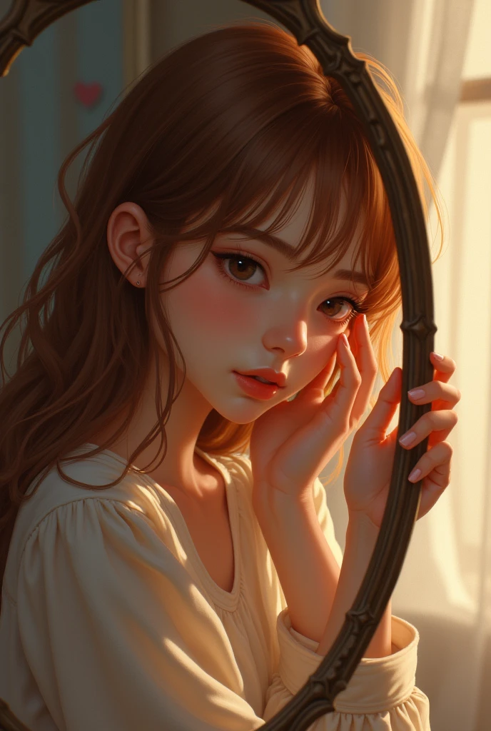 girl looking at herself in the mirror