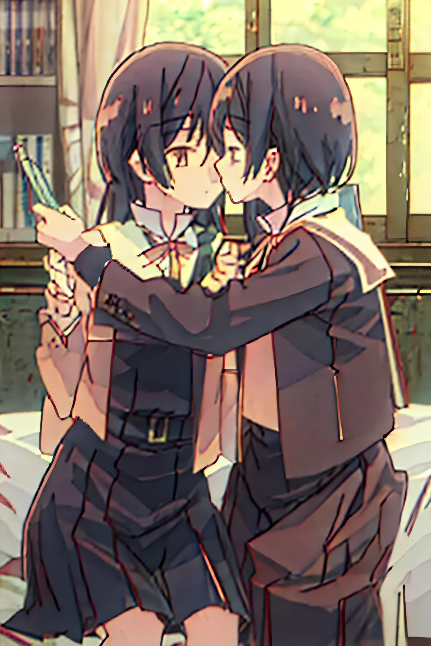 ((best quality)), ((masterpiece)), (detailed), 2girls, art by Nio Nakatani, touko nanami and yuu koito are lying on bed, wearing school dress, yuu koito and touko nanami are kissing each other