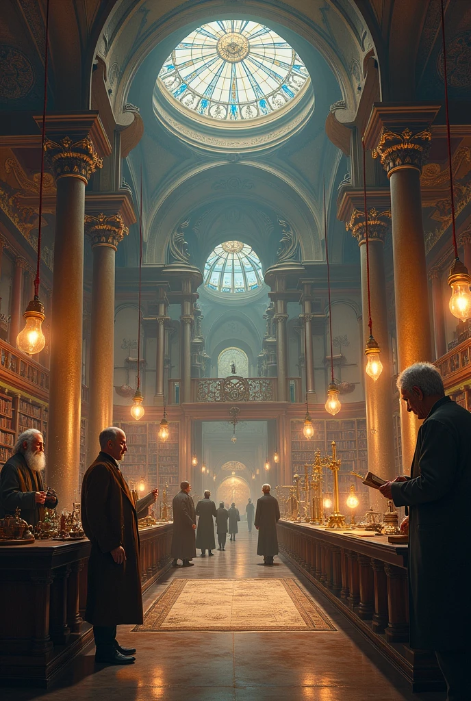 A large hall where the greatest inventors of all time are gathered
Leonardo da Vinci: Man with long beard and gray hair, wearing a Renaissance tunic. Portrayed holding a sketchbook, drawing in the air, with inventions in the background.
Jules Verne: full beard e bigode espesso, vestidos formalmente. sitting in a library, holding a pen and parchment, looking dreamily into the future.
nikola tesla: Scrawny, with dark hair and trimmed mustache, wearing an elegant suit. holding a lighted lamp, with electricity around him, symbolizing his genius.
Thomas Edison: Robust appearance, short white hair, in work clothes. in your lab, holding an incandescent light bulb, with several inventions in the background.
Marie Curie: Woman with a serious appearance, hair tied in a bun, wearing modest clothing. Holding a glowing flask in a laboratory, highlighting his courage and pioneering spirit.
Alan Turing: Discreet appearance, shorth hair, simple suit. Sitting in front of a typewriter, with mathematical codes floating around, symbolizing his work.
Grace Hopper: short gray hair, confident stance, in military uniform. In an old office, explaining programming to young people, with punched cards and computer in the background.
Steve Jobs: Visual casual, Scrawny, with round glasses. holding an iphone, with iconic creations in the background, symbolizing its impact on technology.
Alexander Graham Bell: full beard, white hair, vestidos formalmente. Holding an old phone, Talking from a distance, symbolizing his innovation in communication.
Guglielmo Marconi: elegant appearance, styled hair, serious expression. Adjusting a radio transmitter, with visible waves in the background, representing wireless communication.
Benjamin Franklin: long white hair, colonial clothes, half-moon glasses. Holding a key on a wire, with an electrical storm in the background, symbolizing his experience with lightning.
Linus Torvald