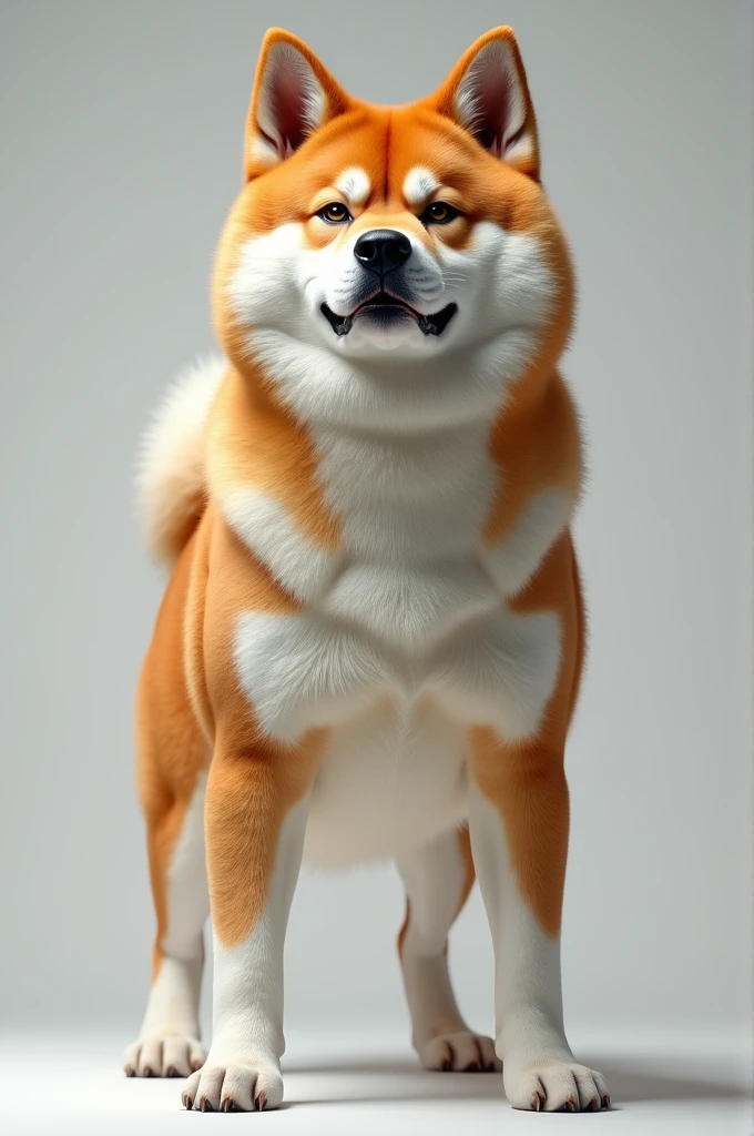 Produce a 4K ultra-realistic photo of an Akita with a strong, muscular body and a colorful coat, such as white or brindle. The Akita should be shown in a commanding pose with a serious expression, highlighted by rich fur tones.”