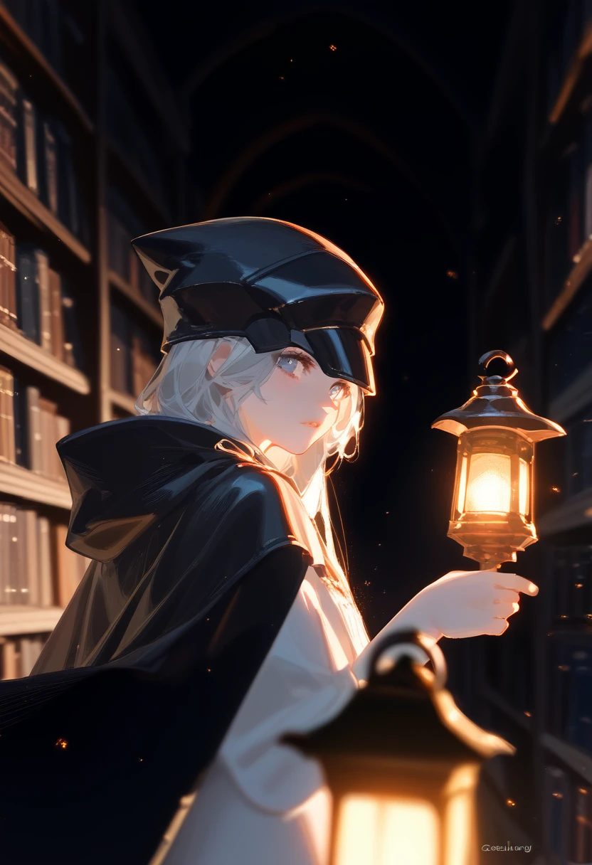 1 Girl，Gray straight hair，Gray Eyes，Black long cape，Black hood，Night，library，bookshelf，Holding orange warm lantern，Movie lighting，Blurred foreground