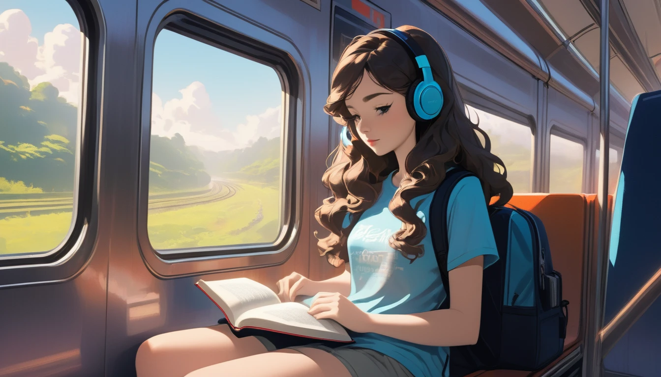 cartoon illustration, young woman, long wavy hair, headphones, book, train interior, short-sleeve t-shirt, shorts, backpack, cozy, relaxed, peaceful reflection, by Atey Ghailan