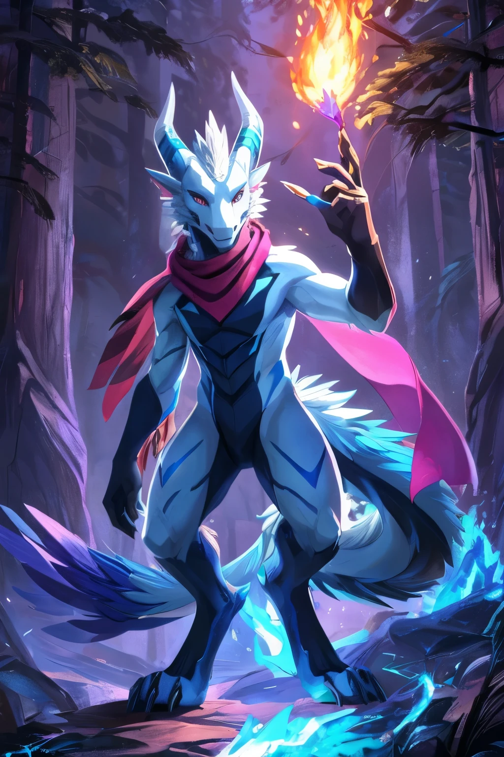 (anime), (front facing), (looking at the camera), slim furry white dragon using fire magic, blue secondary body color, (black, magenta and blue complimentary colors), spikes, very long muzzle, neck and tail fur, digitigrade, creative horns, feathers, dark gradient, (wearing only a scarf), body markings, nature background, full body