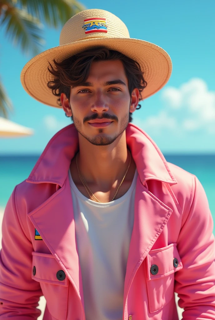 a 20 year old boy in a pink coat, straw hat, with the surf logo on the hat, with mustache and goatee