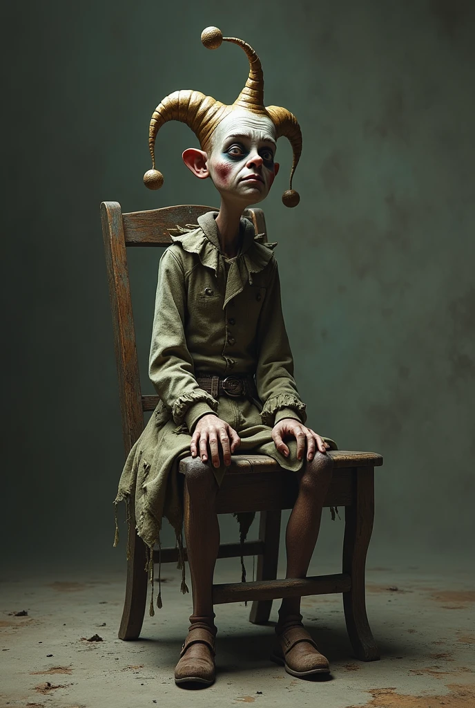 jester, Scrawny, with empty look, short guy with his clothes a little torn and he is sitting on an old wooden chair in an empty room