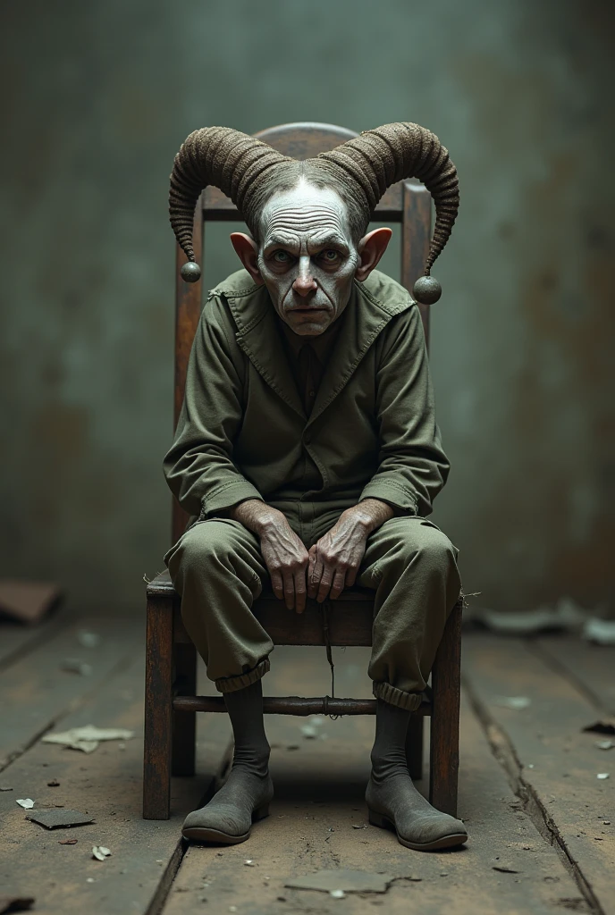 jester, Scrawny, with empty look, short guy with his clothes a little torn and he is sitting on an old wooden chair in an empty room