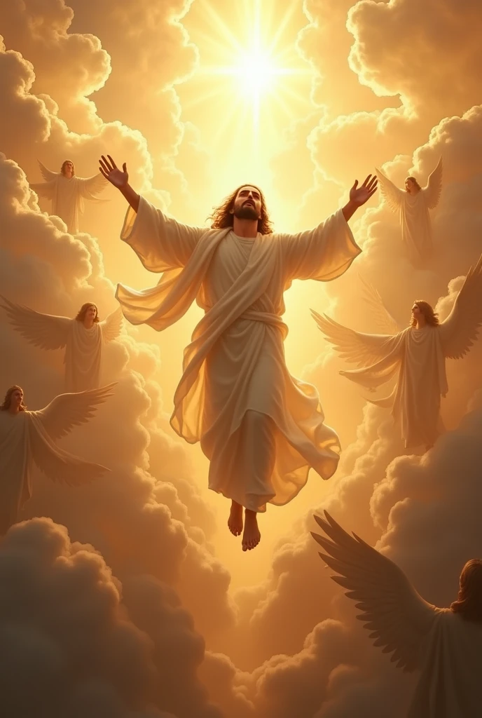 Jesus Christ on the clouds and the sun&#39;s rays illuminating his body in a cinematic scene and leading an exercise of angels