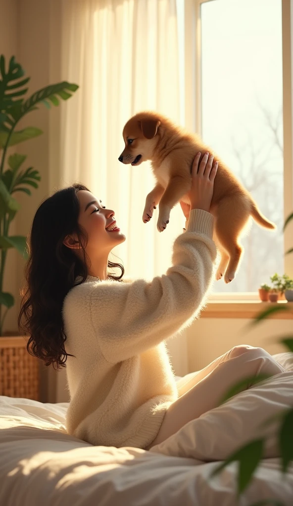 (photorealism:1.5), beautiful morning , sunrays, one beautiful japanese girl 2 sitting on bed, holding a cute white small puppy in air, laughing and playing with it, wearing cozy warm fluffy white sweater, messy look, long curly hair, indoors, soft lighting, plants in background, window with sunlight, cozy room, relaxed pose, realistic, intricate details, warm colors, 