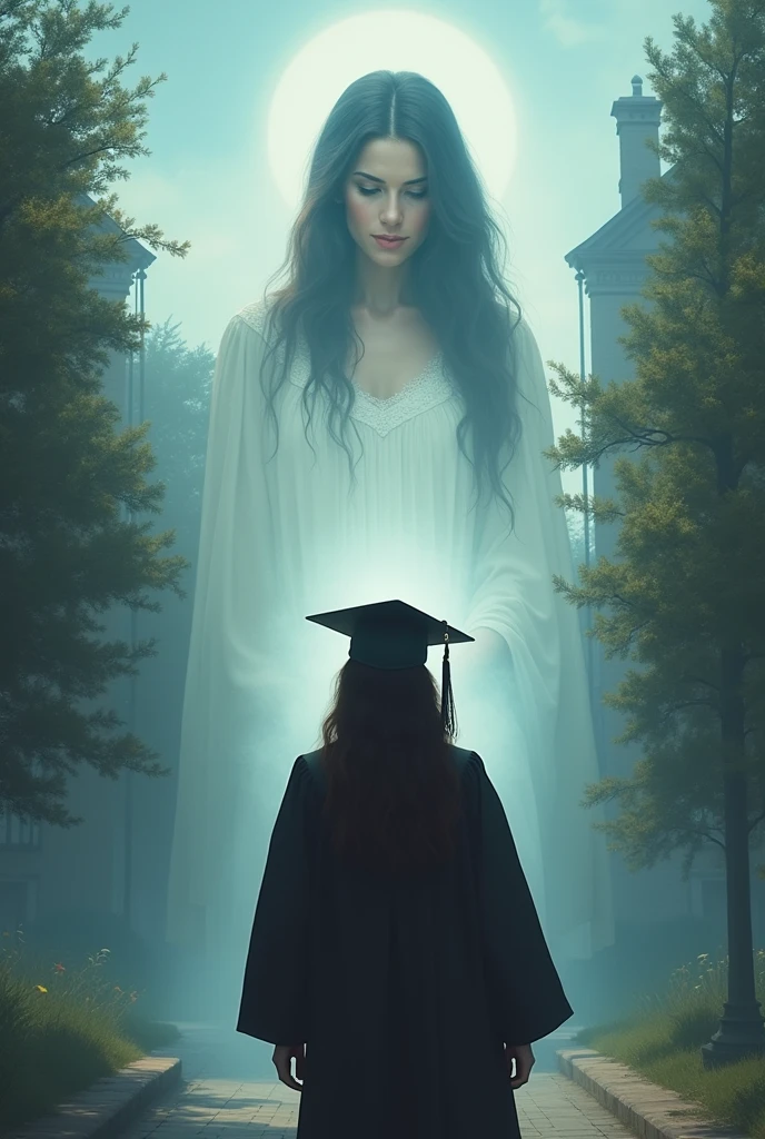 A girl graduating and her black-haired mother watching her from heaven 