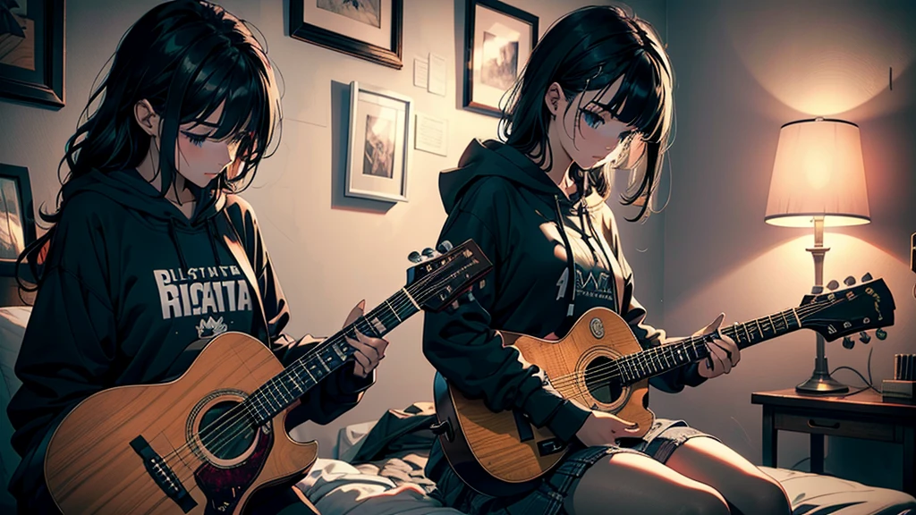masterpiece, best quality, 1girl, a emo girl playing a eletrci guitar, guitar, sensual, music, instrumental , cute girl, cute, cozy, dramatic light, beautiful lights,4k, gorgeous, cinematic, sitting in the bed, bedroom, black hair, hoodie, artistic,sadgirl, style,stylish