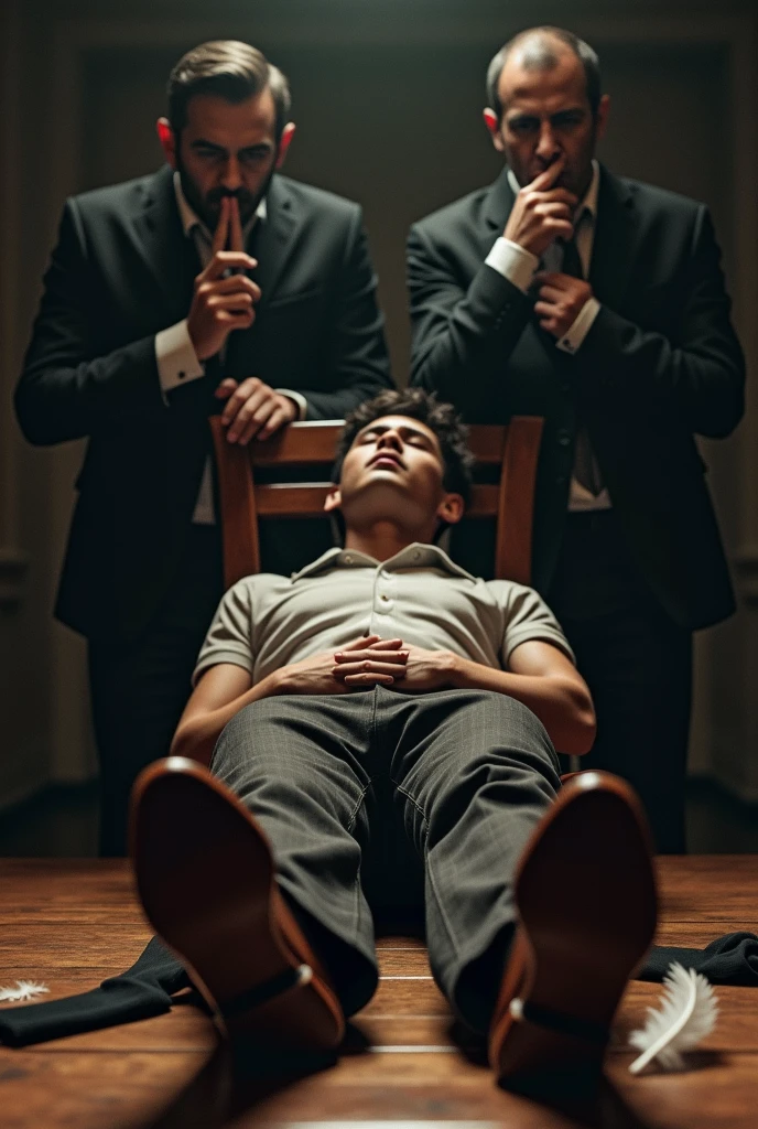 Handsome malay Zarul 19years
He faint
Focus 5toefeet
loafers Shoes on floor
Tied up woodenchair
blindfolded
feather on floor
Pair of Blacksock on floor
2 mafia pinch their nose