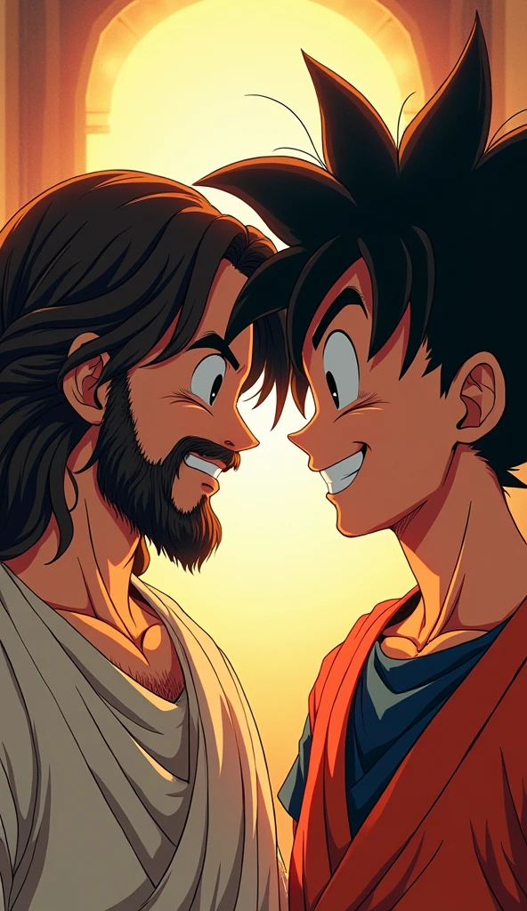 JESUS E GOKU, OPENING OF MAUS! ultra realisitic, Dragon Ball! SUPER COLORFUL, Jesus Christ Smiling, GOKU SMILING! {{top-quality}} GOKU HAIR WITH A HUMANIZED APPEARANCE, refined details, 8k image.
