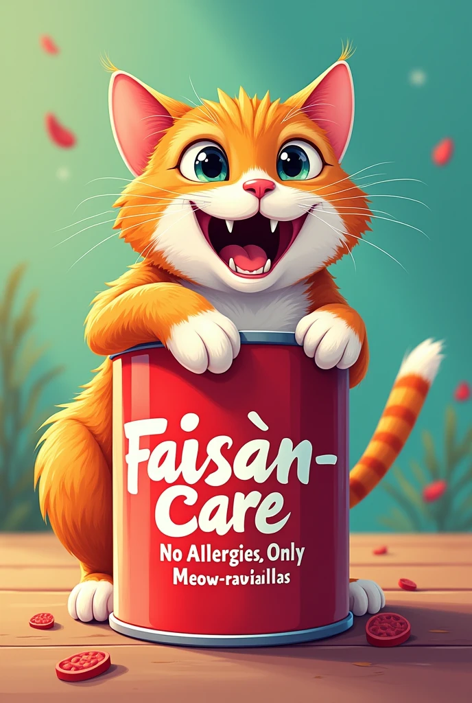 Create a can of food with a cat coming out, that says Faisán-care and also the slogan “No allergies” appears, only Meow-ravillas”, and that everything that comes out on the can is in Spanish 