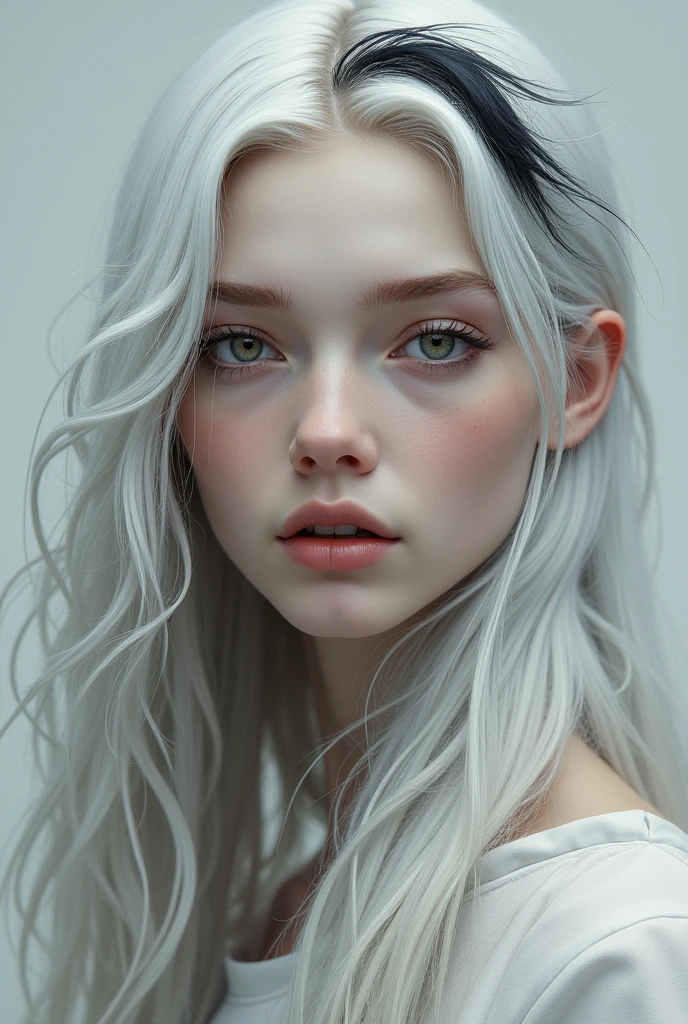 Young woman with white hair and a single small lock of black hair in her bangs