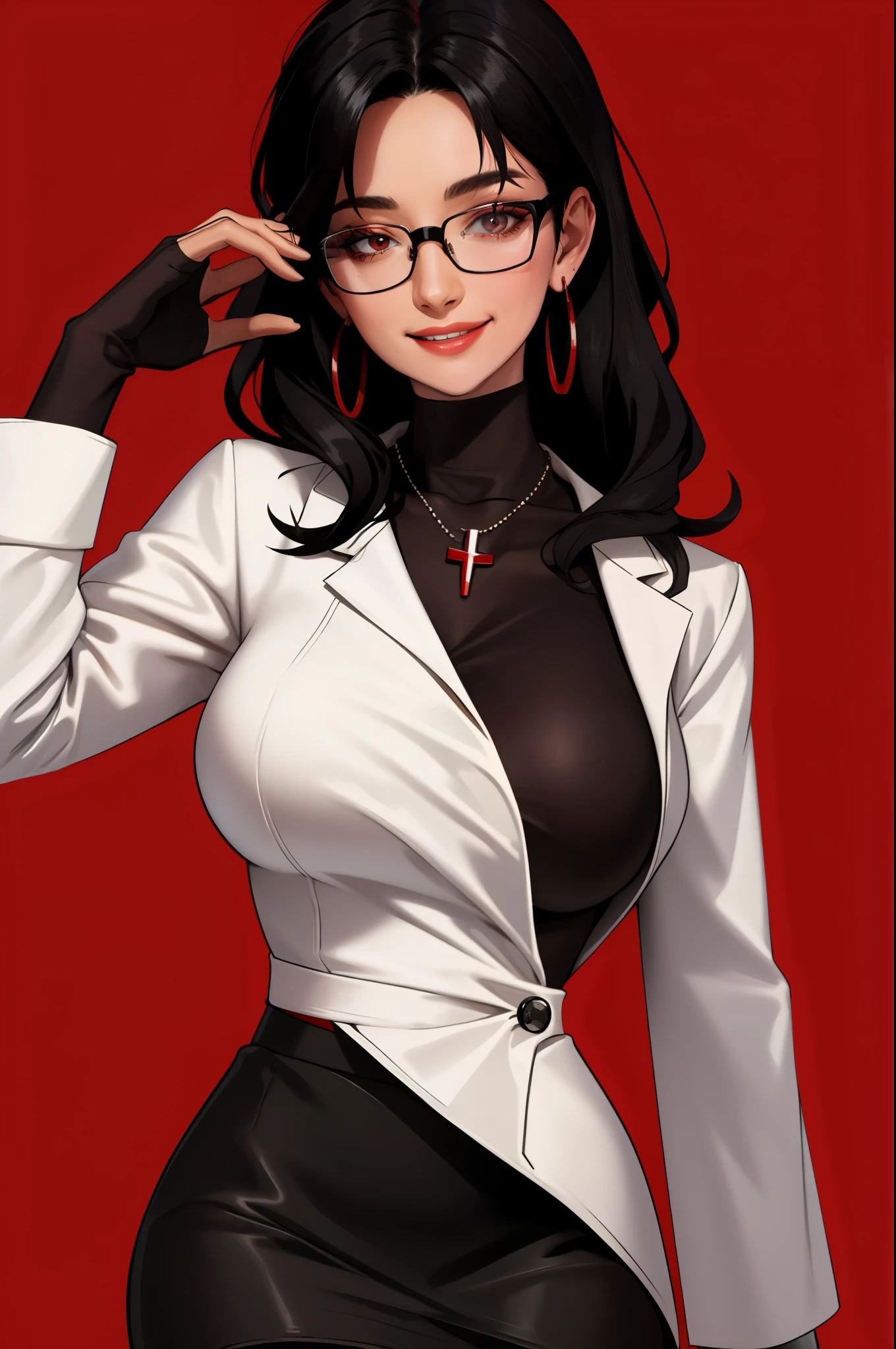 masterpiece, best quality, black hair, glasses, necklace, earrings, red sweater, turtleneck, labcoat, black miniskirt, large breasts, upper body, looking at viewer, doctor's office, smile, mischievous,