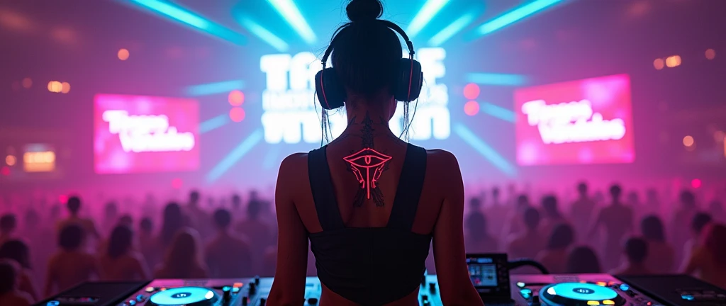 Futuristic female DJ seen from behind at an electronic music festival. She has an Eye of Horus tattoo on her neck, visible under neon lights. The crowd dances below with lasers and digital screens in the background. Add a bold, neon "Tangos Vándalos" sign in the scene.