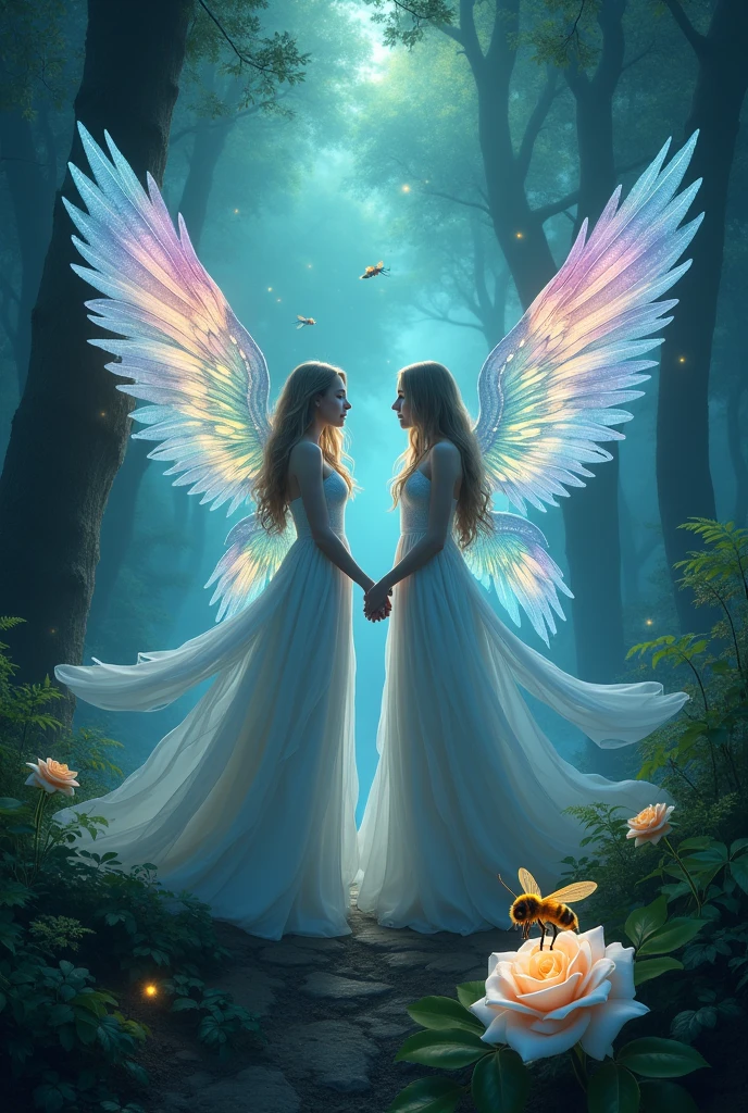 Make bird wings ,Vivid Wings , Beautiful forest background, wearing long dresses, A small bee is drawn on a white rose , A beautiful night forest with tiny light insects dancing 