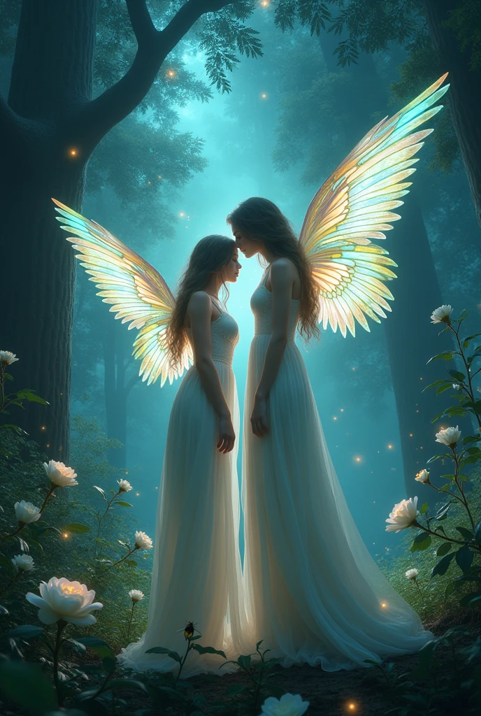 Make bird wings ,Vivid Wings , Beautiful forest background, wearing long dresses, A small bee is drawn on a white rose , A beautiful night forest with tiny light insects dancing