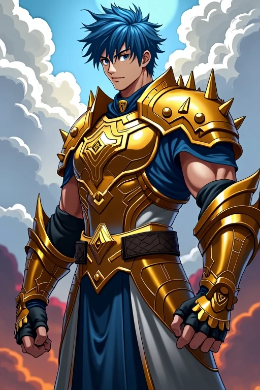 Anime man blue Hair With armor Golden Tactic In a fighting stance 