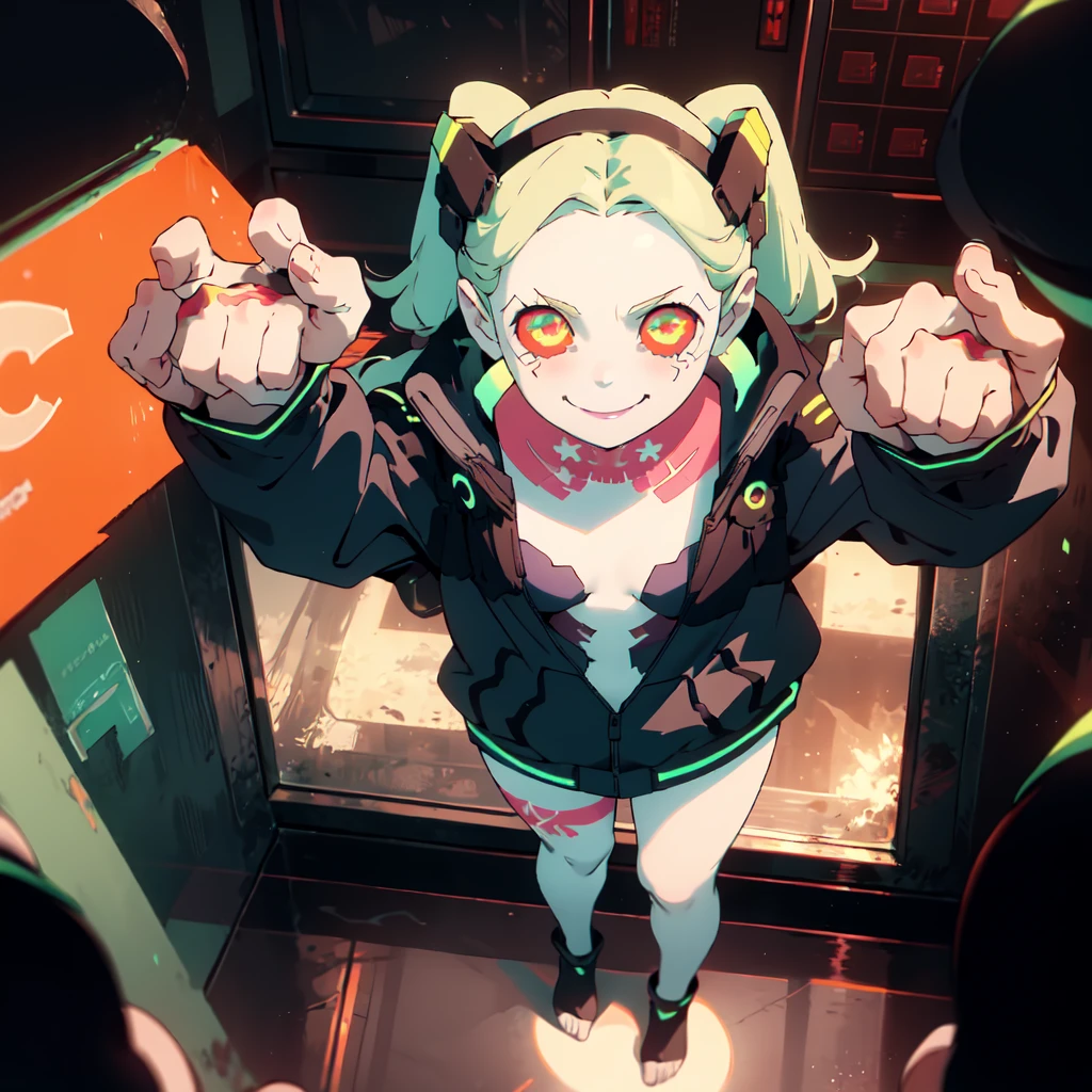 full body,1girl,solo,standing,smile,rebecca, yellow eye, mechanical eye, red sclera, leg tattoo, colored skin, tattoo, petite, black hairband, green hair, neck tattoo, small breasts, headgear, long hair, stomach tattoo,