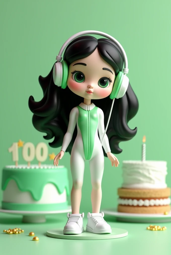  doll shape,white skin green eyes black wavy hair white and green jumpsuit white sneakers headphones Green and 100 followers cake on top of a table