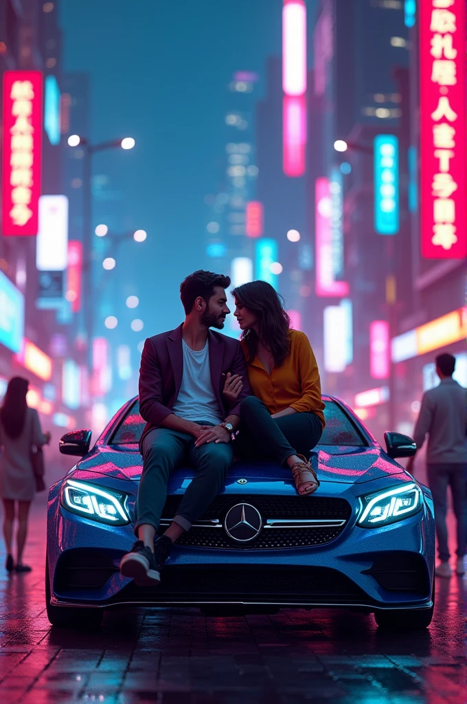Ayush name boy with a girl rina and sit on a Mercedes car in the neon colour of city and neighbouring people shock with couple