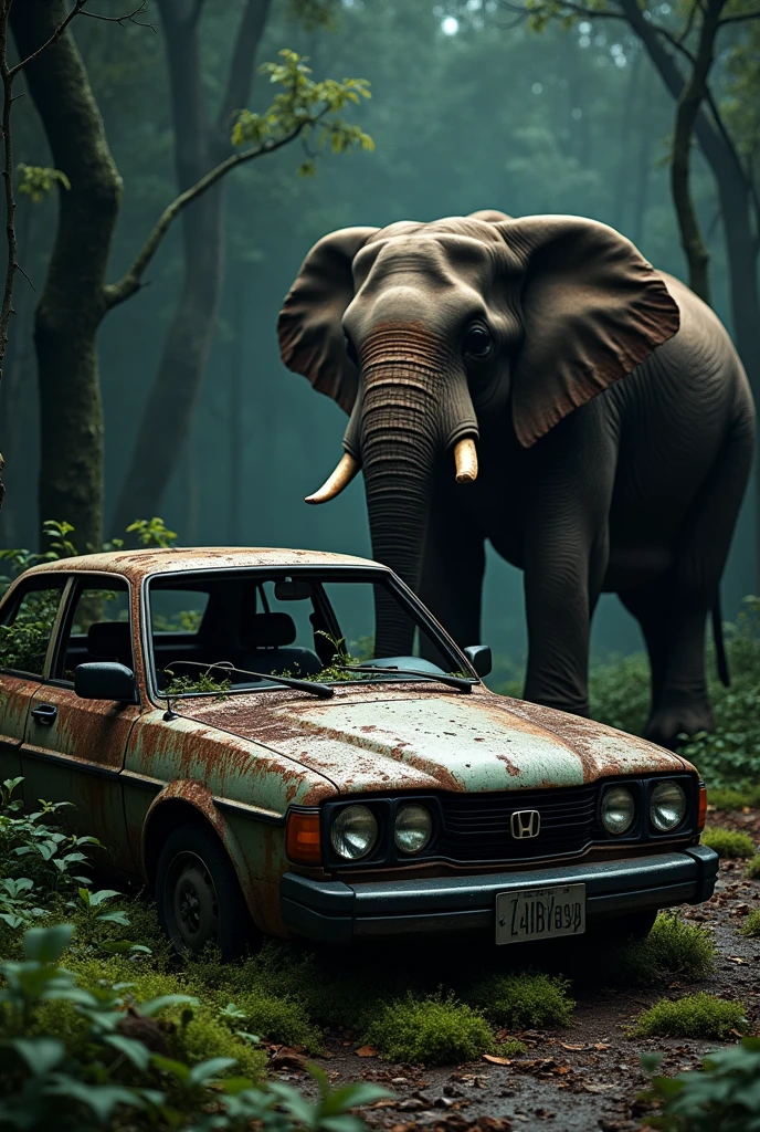 Car honda , rusty , forest , elepent , night