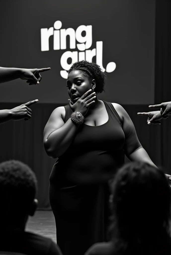 A black woman in a play on stage chubby big ring over her with her l hair in a low bun in a black dress acting shocked while 5 black people in black clothes on stage point at her with their mouth covered while the audience is around them with the words RING GIRL on the screen