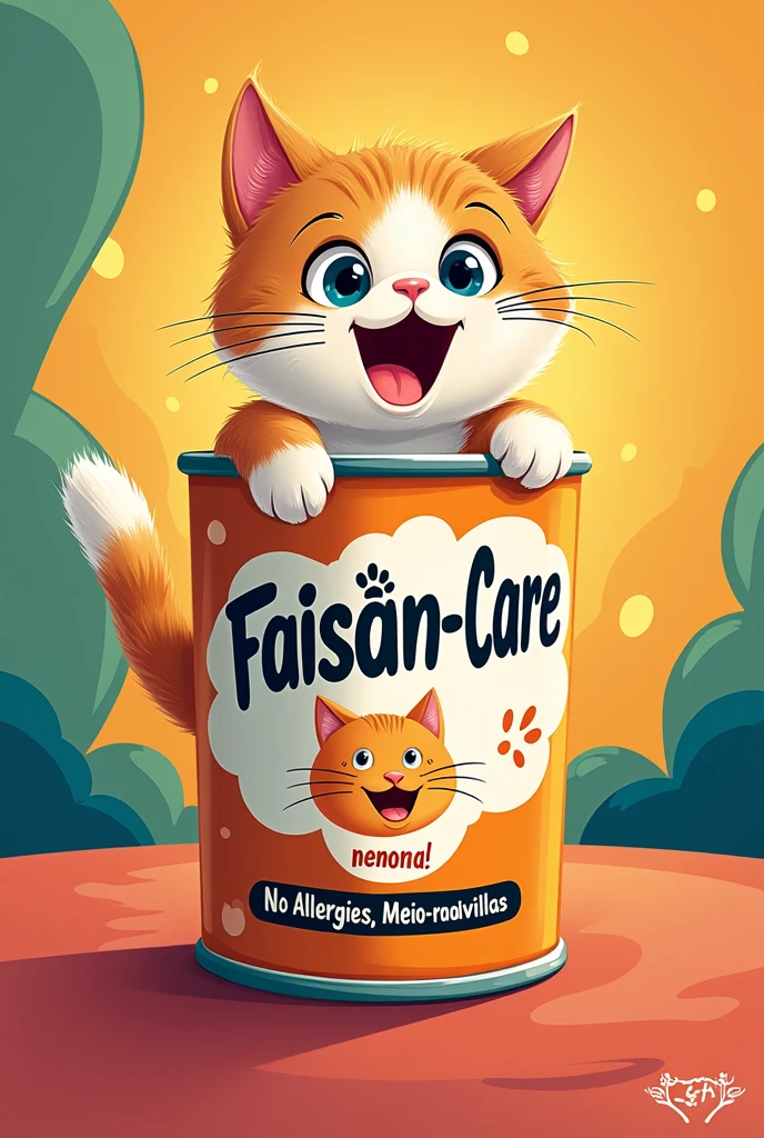 Create a can of food with a cat coming out, that says Faisán-care and also the slogan “No allergies” appears, only Meow-ravillas”, and that everything that comes out on the can is in Spanish