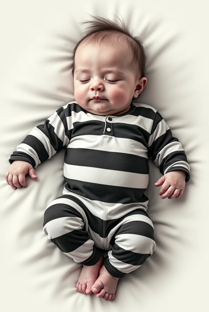 A drawing of a baby lying down in a prisoner's outfit