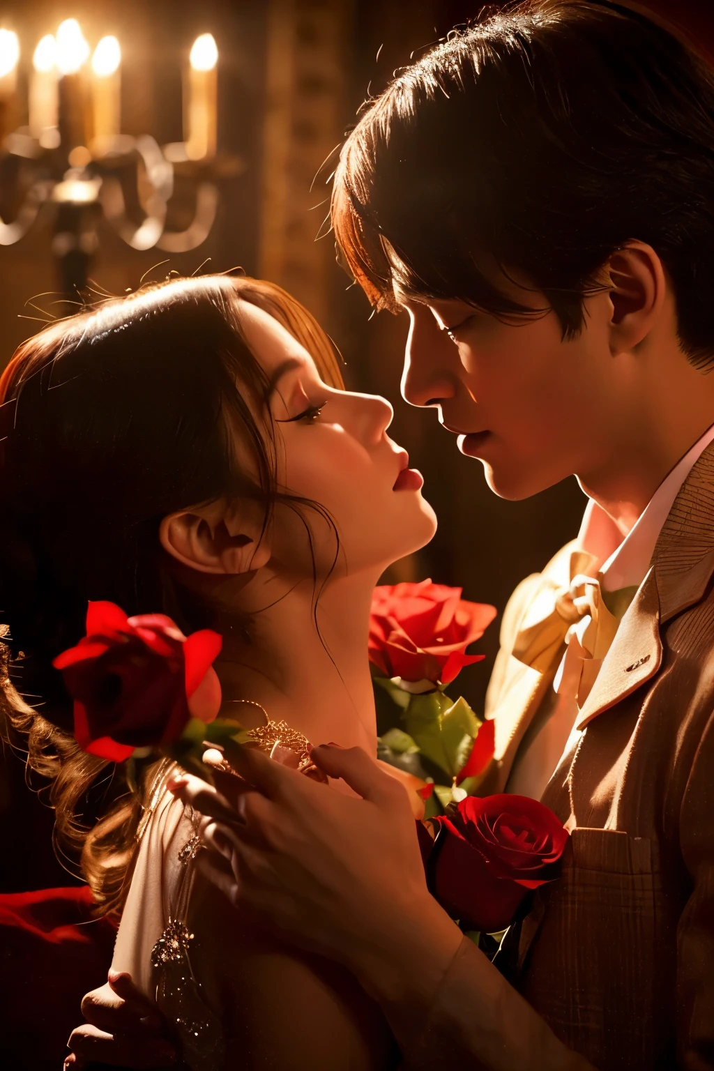 1 person, 1 female, Exchanging red roses, Hands gently touching each other close up, Romantic atmosphere, Soft lighting, Twilight Background, Eyes full of emotion are visible in the background, Timeless elegance