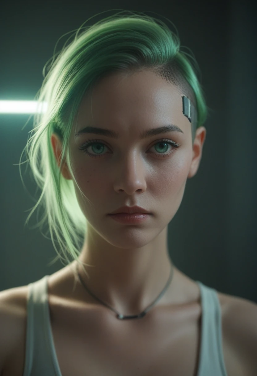 A close-up photorealistic portrait of a woman’s face with bright green holographic equations projected onto her skin. She has an intense gaze, with realistic facial features sharply defined by dramatic lighting. The background is dark, contributing to a cyberpunk aesthetic. The luminous mathematical formulas, styled like handwritten notes, glow softly, creating intricate patterns across her face. The atmosphere is futuristic and high-tech, with the sharp contrast between light and shadow emphasizing the complex interplay of technology and human expression.