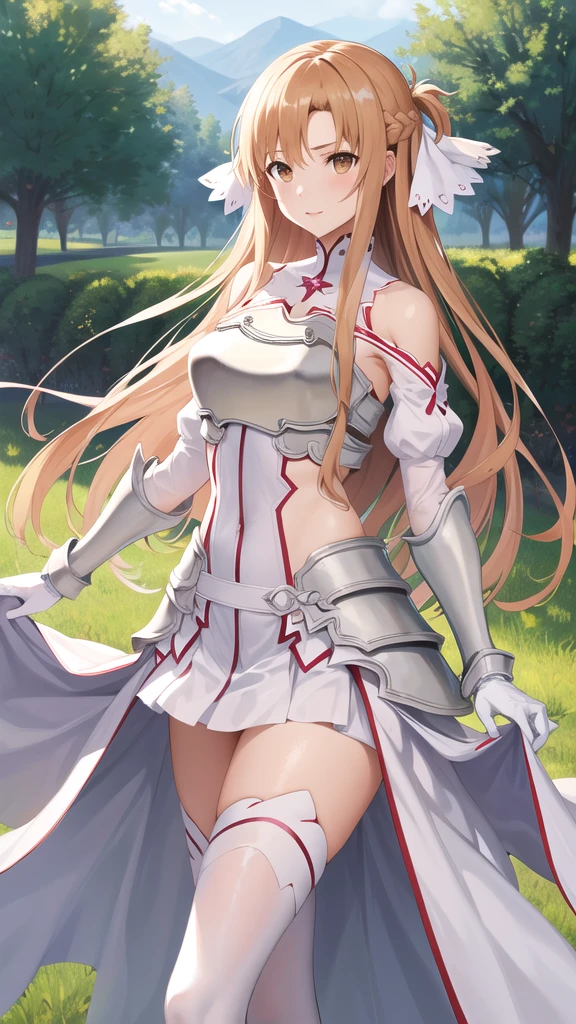 masterpiece, best quality, high resolution, ddasuna, long hair, brown hair, headband, brown eyes, bare shoulders, white armor, armored dress, loose sleeves, white gloves, white thighs, standing, grass, field, (white thong:1.3), (legs open), (upskirt), squatting, showing ass, big ass,