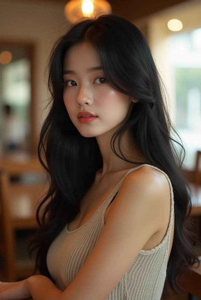 Korean Beauty、Sleeveless knit、Long Hair、Black Hair、Cafe