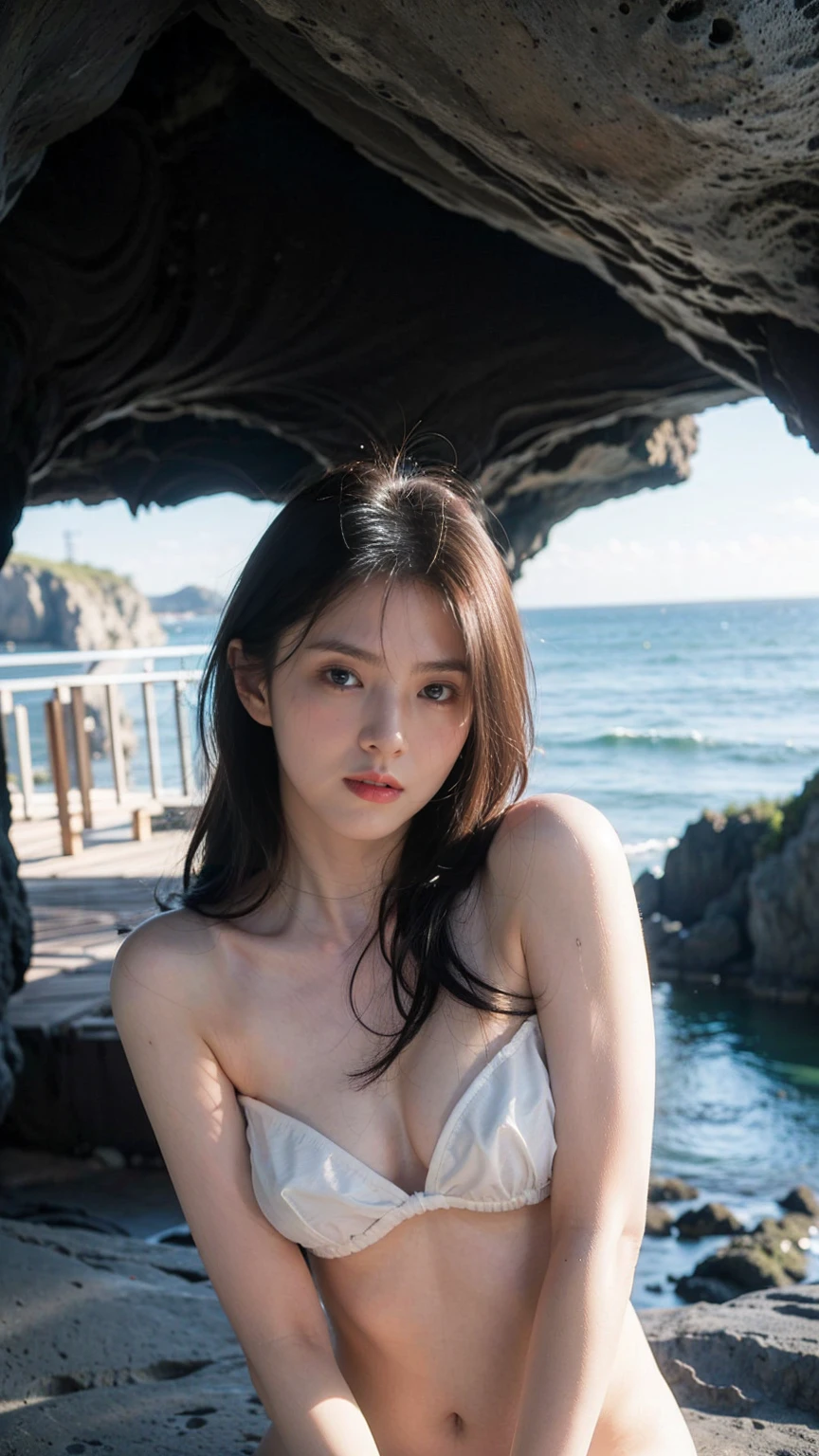 ((1girl)), in naked, instant camera flash, pose at yacht with sea as a background, makeup with glossy lip, small breasts, (girl in the yacht:1.4), various angle, ((faced focus)), 22 years old, Beautiful Japanese Girl, standing front pose, (:1.4), realistic light, realistic skin tone, pussy slip
